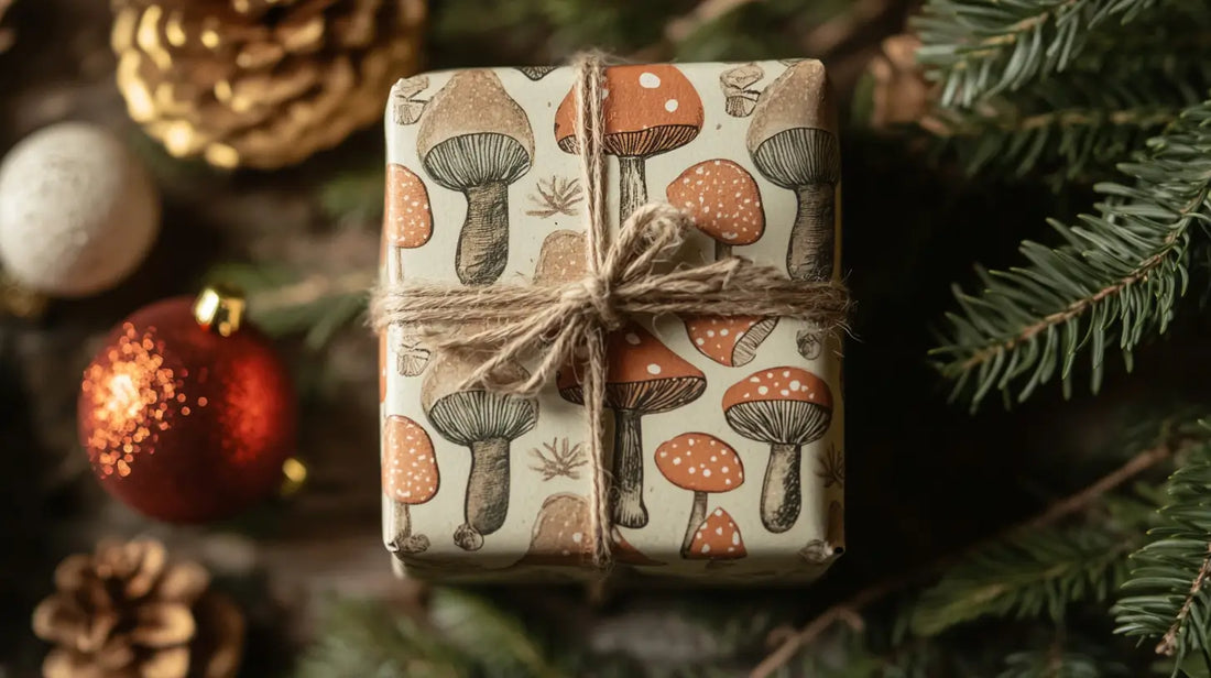 Adaptogens as Christmas gifts. Gift wrapped in festive mushroom pattern