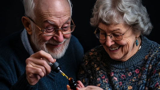 Happy grandmother and grandfather who are looking at extract of adaptogens.