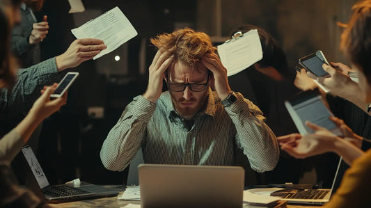 A stressed man sitting at a desk, holding his head, surrounded by people handing him documents, telephones and other devices. The scene illustrates information overload and excessive responsibilities.