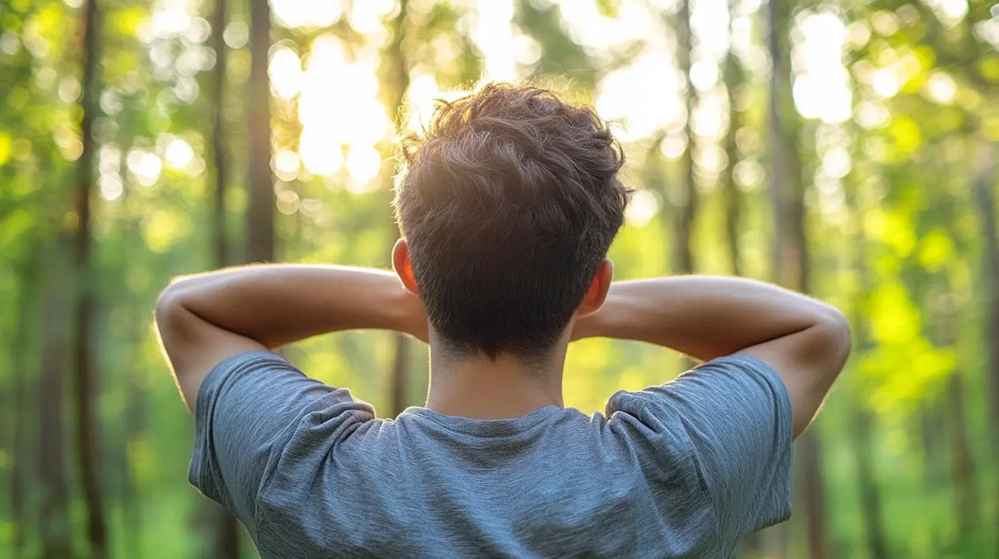 A man relaxing in the forest, looking at the trees illuminated by the sun's rays.