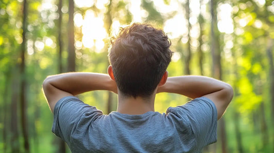 A man relaxing in the forest, looking at the trees illuminated by the sun's rays.