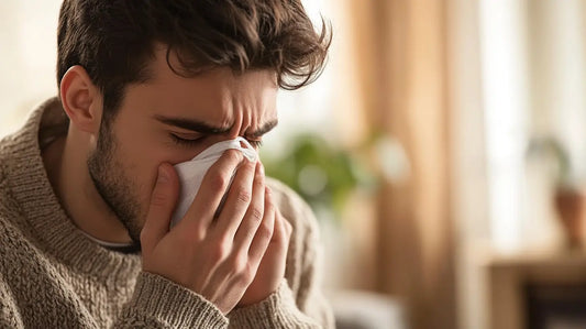 A man with cold symptoms wiping his nose in a handkerchief, sitting in a warm, homely environment.